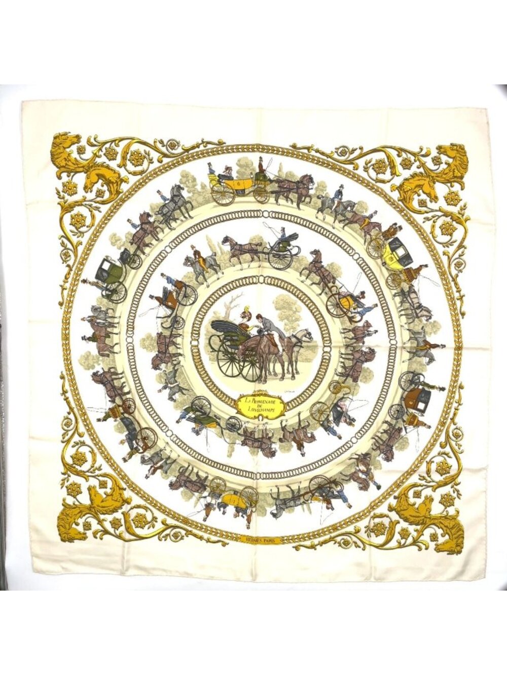 Hermes Carre 90 Walk to Long Chien Silk Yellow Off White Scarf